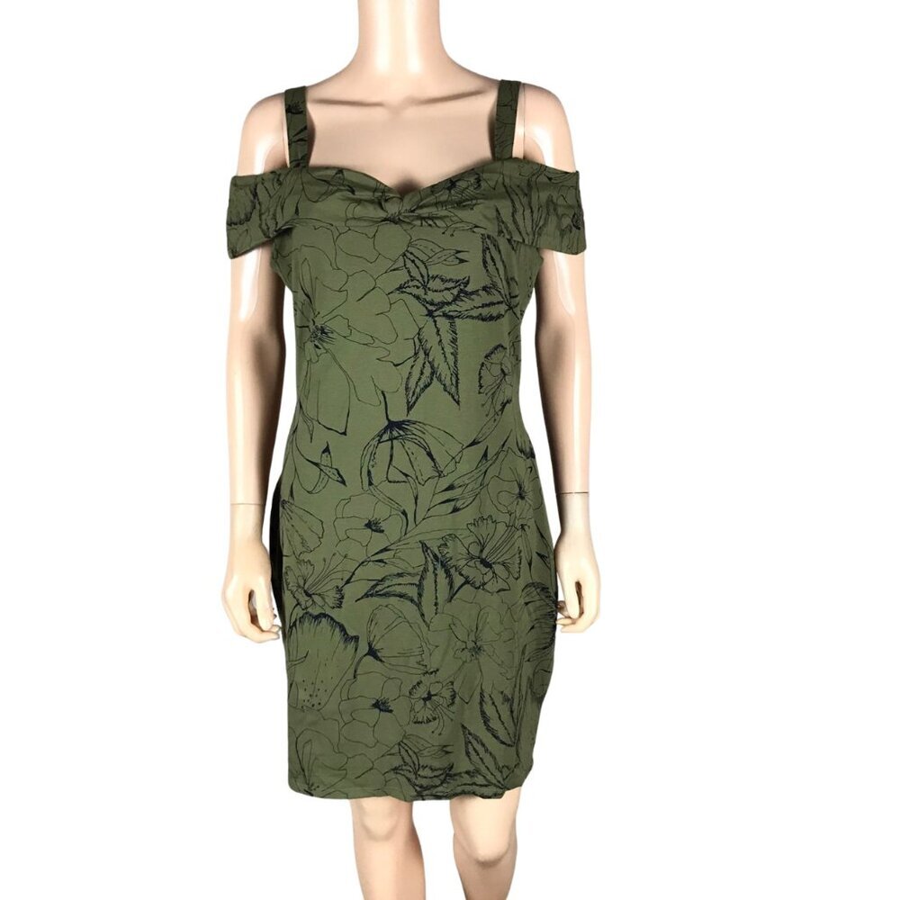 GUESS Green Cotton & Modal Floral Off The Shoulder Dress NEW XL